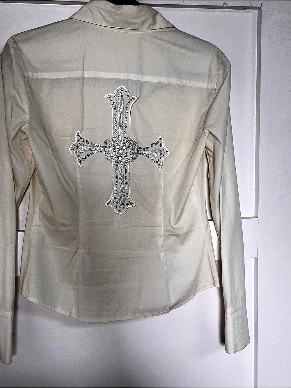 Cache Embellished Cross Button Down Ivory Shirt Size Small